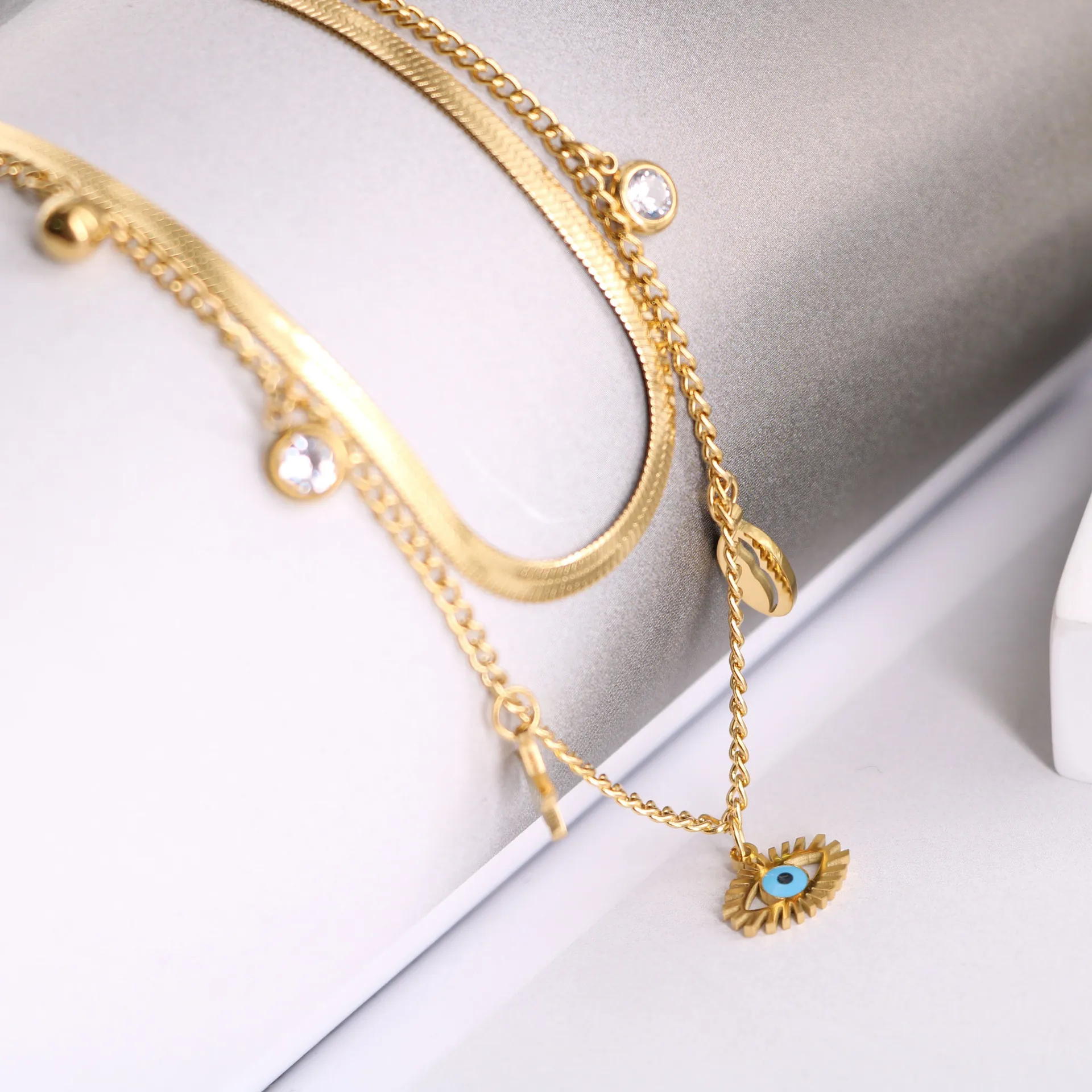 Bohemian Stainless Steel Jewelry Necklace And Bracelet Double Layered Snake Chain Blue Evil Eye Star Zircon Fashion For Women