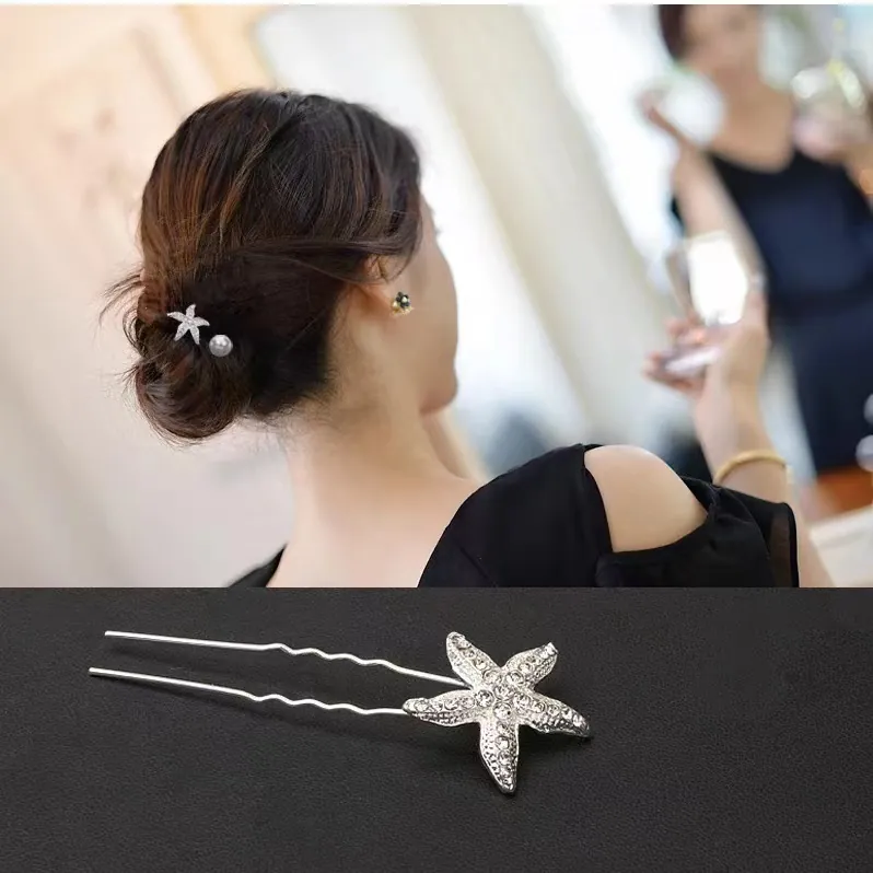 Starfish U-Shaped Hair Stick Alloy Rhinestone Hair Fork Minimalist Ocean Theme Bun Hairpin For Women Elegant Headpiece