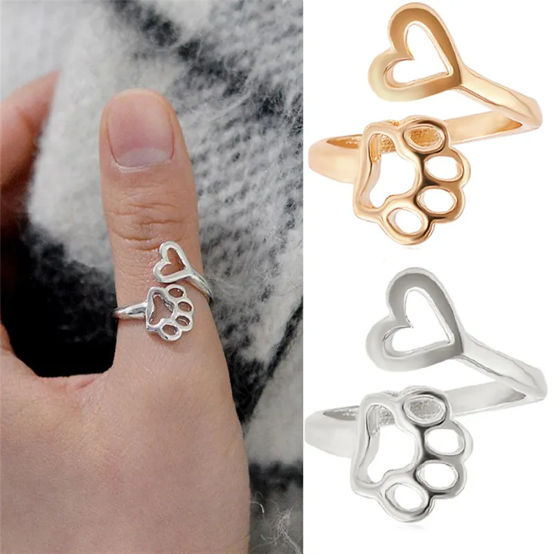 Hollow Heart Paw Print Open Ring Alloy Adjustable Minimalist Cute Animal Jewelry Gift For Women Girls