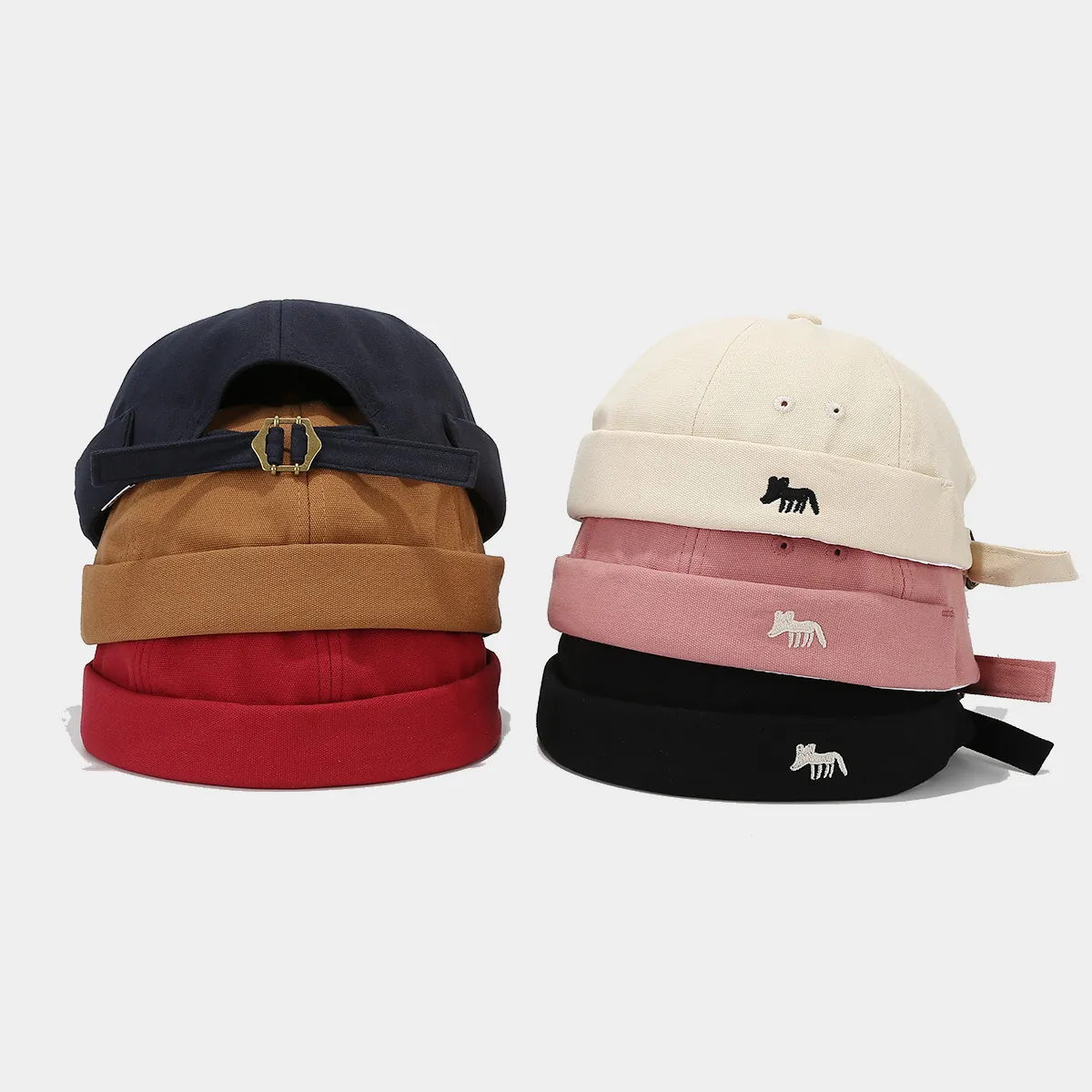 Fox Embroidery Docker Hat Brimless Cotton Canvas Adjustable Retro Miki Cap Street Hip Hop For Men Women