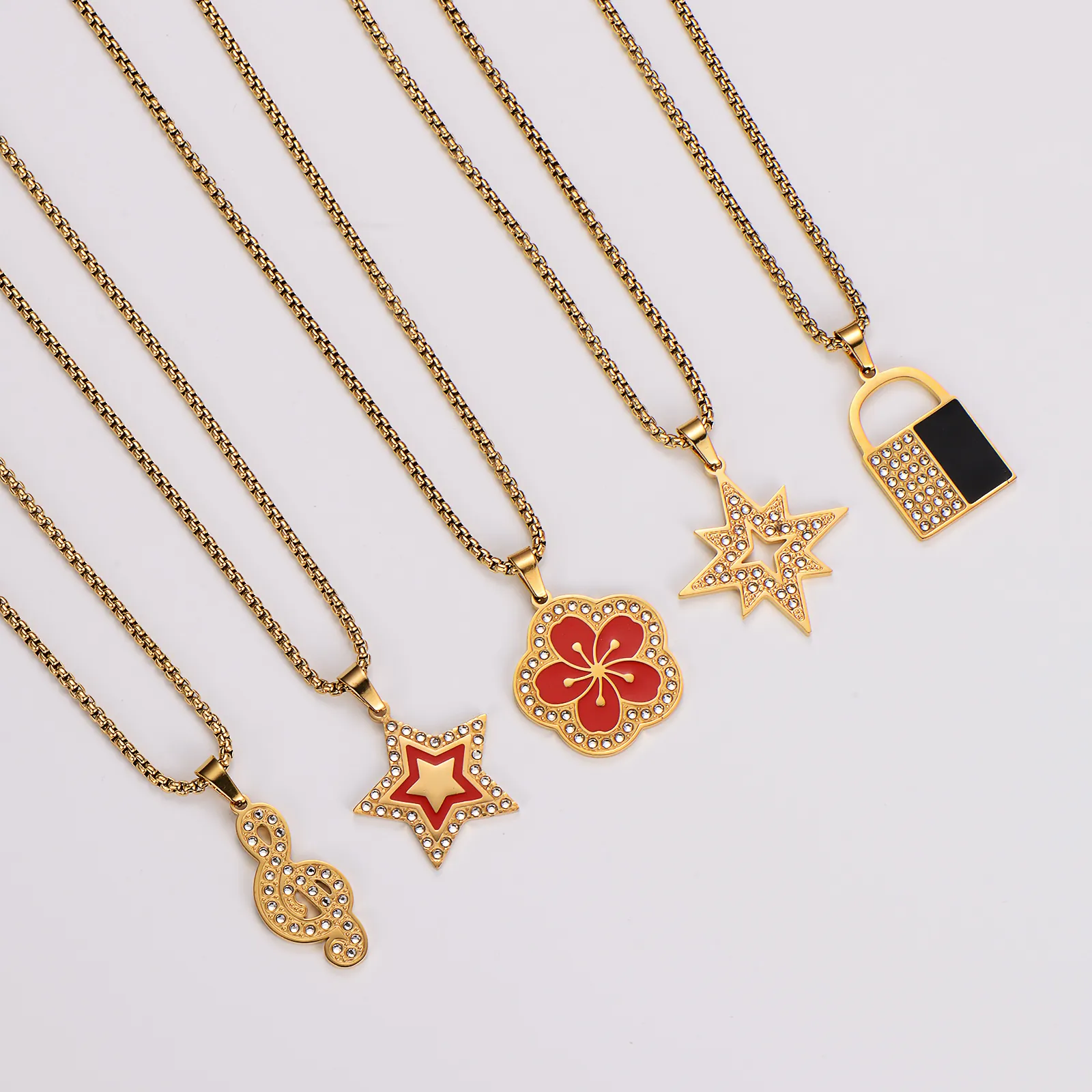 Pendant Necklace 304 Stainless Steel Gold Plated Enamel Rhinestone Star Flower Musical Note Lock Fashion Jewelry Women
