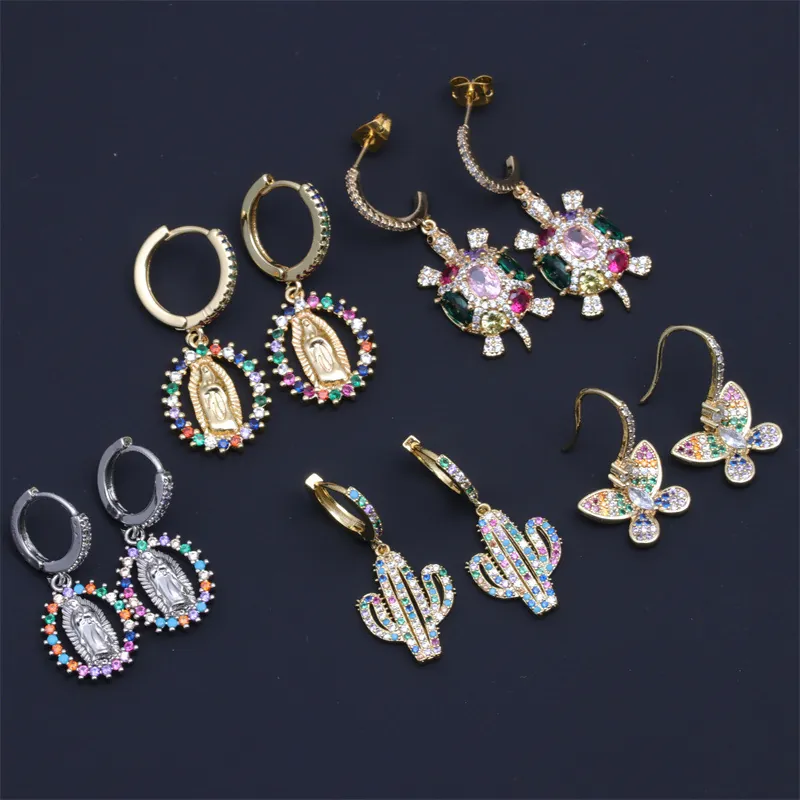 Bunte Zirkonia Kupfer Ohrringe Schmetterling Schildkröte Kaktus Jungfrau Maria Schmuck Für Damen Ins Stil Regenbogen
