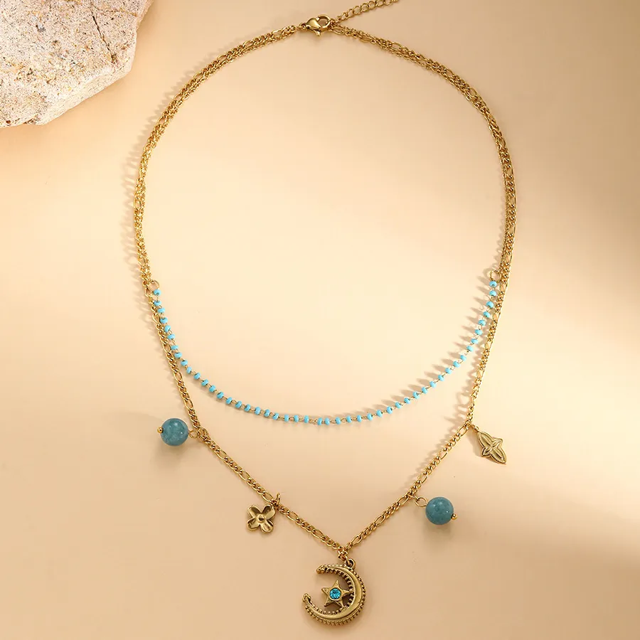 Titanium Steel Double Layer Necklace Blue Beads Star Moon Pendant Gold Plated Bohemian Niche Design Shell Rhinestone Jewelry