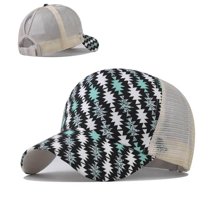 Ponytail Baseball Cap Geometric Print Mesh Back Breathable Adjustable High Bun Trucker Hat For Women
