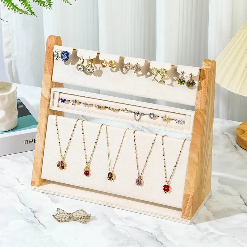 Wood Jewelry Display Stand Velvet Tiered Organizer For Earrings Rings Necklaces Artistic Solid Wood Holder