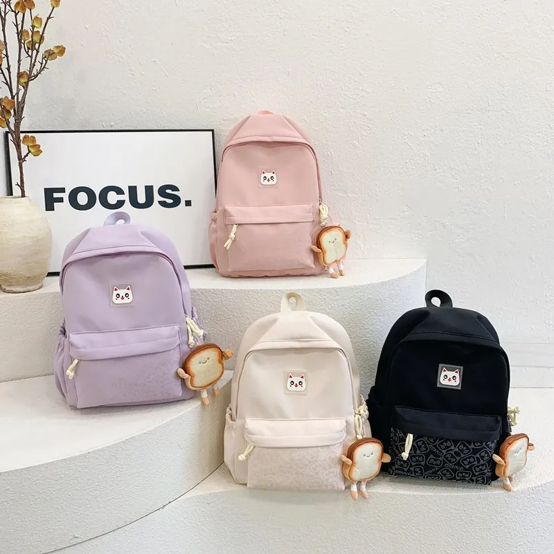 Kids Backpack Nylon Breathable Cartoon Cat Toast Pendant School Daypack Lightweight Versatile Boys Girls