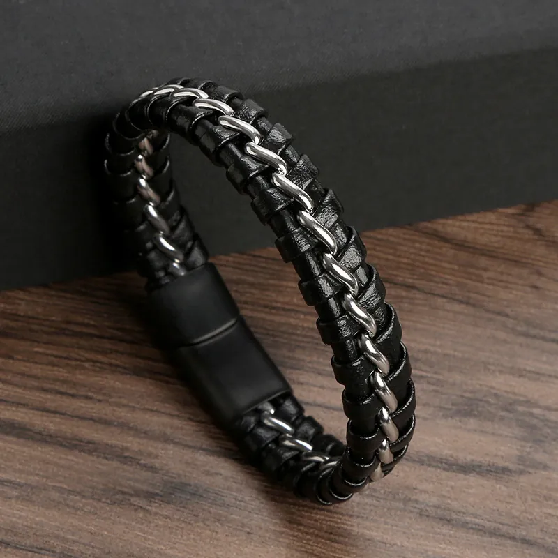 Men Woven Leather Bracelet With Stainless Steel Chain And Magnetic Clasp Vintage Industrial Style Jewelry Accessory