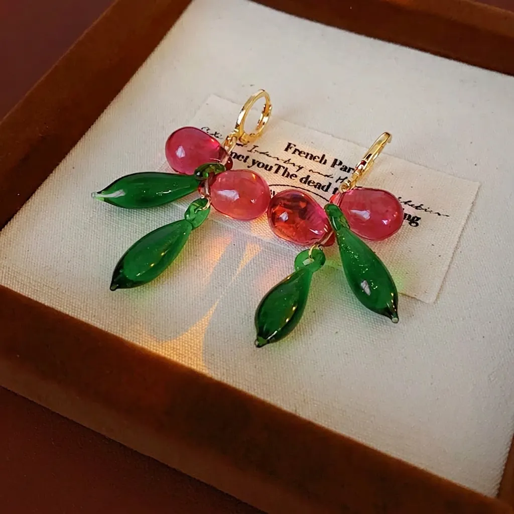 Boucles D'Oreilles Pendantes Baies Françaises Vintage Avec Perles En Verre Liuli Vertes Rouges Créoles Cuivre Tige Argent