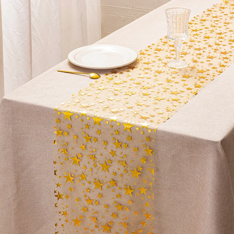Table Runner Polyester Tulle Mesh Bronzing Star Pattern Glitter Sparkling For Birthday Christmas Halloween Party Wedding Dinner