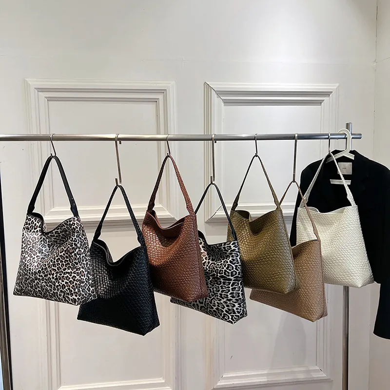 Woven PU Leather Leopard Print Large Capacity Tote Bag For Women Chic Minimalist Shoulder Handbag Casual Commuter Daily