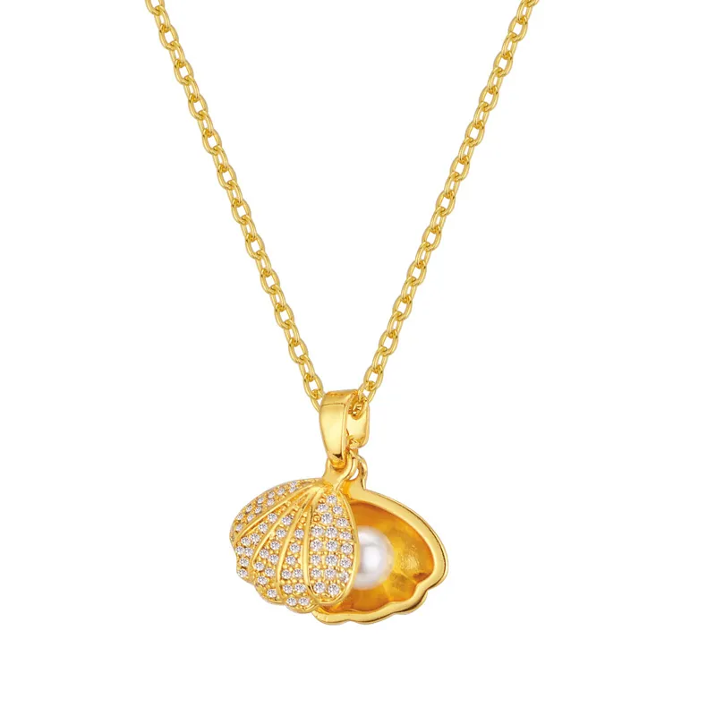 Vintage Shell Artificial Pearl Pendant Necklace With Zirconia Inlaid Copper Chain Elegant Jewelry For Women