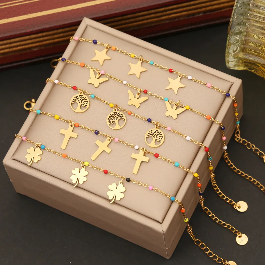 Bracelet En Acier Inoxydable Perles Émail Colorées Pendentifs Papillon Cœur Croix Chaîne Réglable Bijoux Mode Femme
