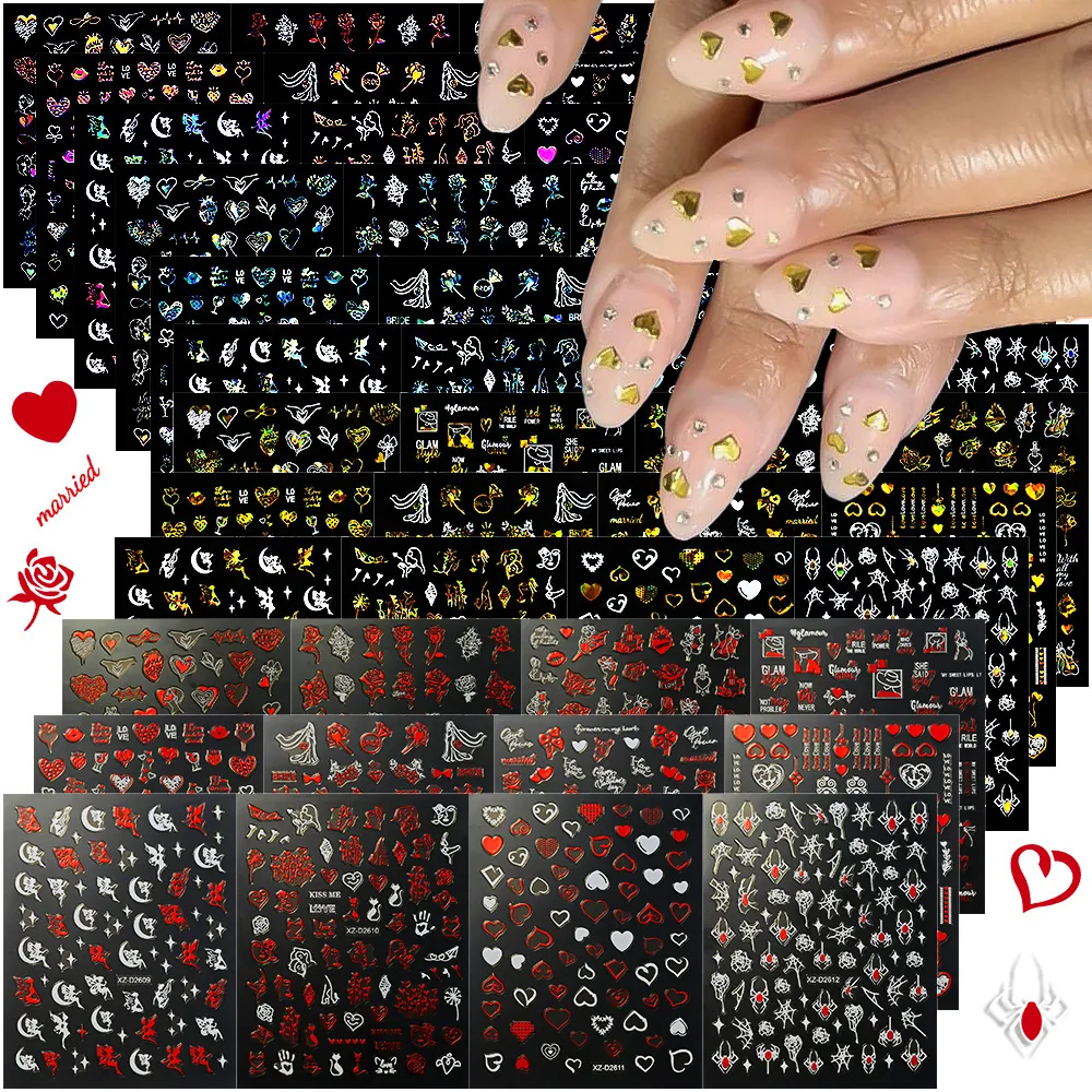 12 Sheets Valentine's Day Heart Rose Nail Stickers Holographic Laser Red Gold Silver Love Letter Self-Adhesive Nail Art Decals