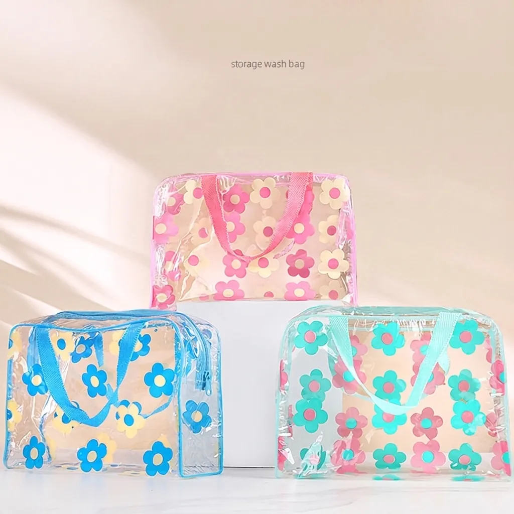 Floral Print Waterproof PVC Toiletry Bag Transparent Makeup Organizer Large Capacity Travel Wash Case With Handle