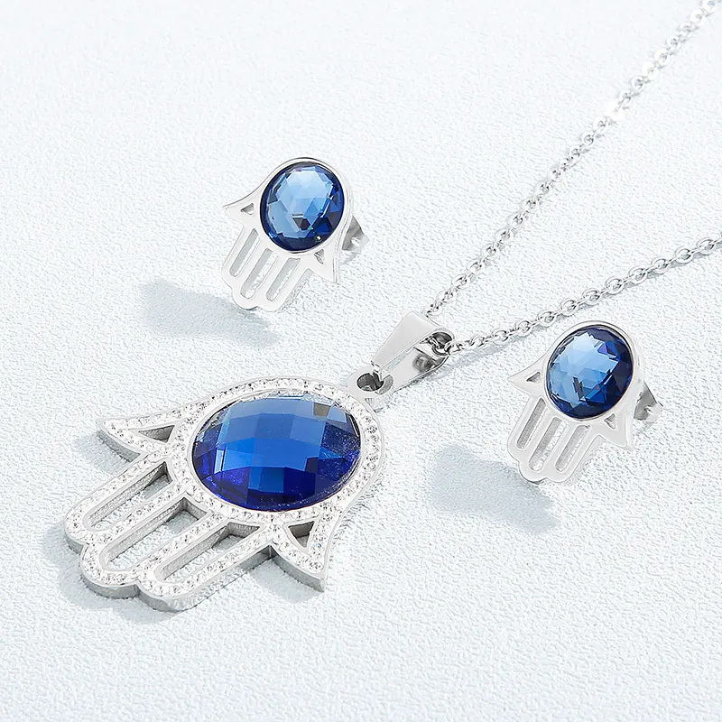 Main De Hamsa Corne Pendentif Collier Boucles D Oreilles Bijoux Acier Inoxydable Verre Cristal Résine Strass Coquillage Femmes