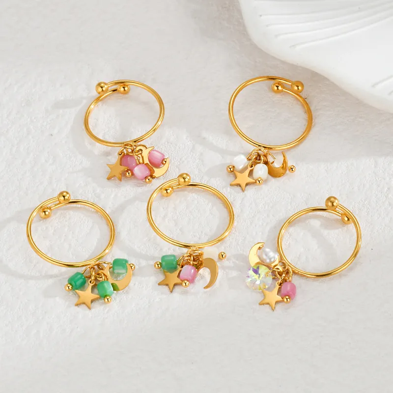 Stainless Steel Gold Plated Open Ring With Star Moon Dangle Charms And Cat Eye Beads Bohemian Style For Women