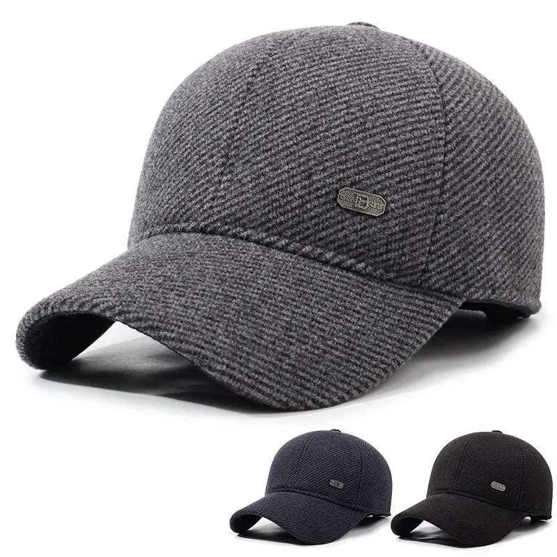 Men Winter Baseball Cap With Ear Flaps Thickened Warm Cotton Blend Fleece Lined Windproof Outdoor Hat Metal Decor