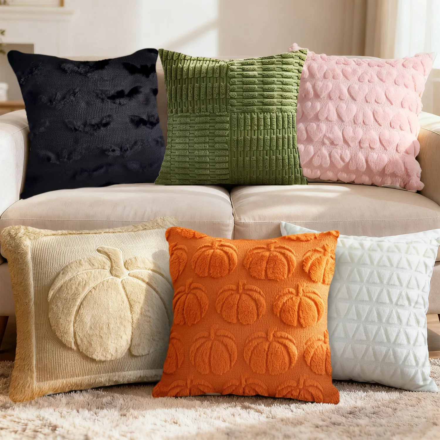 Plush Decorative Throw Pillow Covers 3D Embossed Pumpkin Ghost Heart Patterns Soft Cushion Cases For Sofa Home Decor