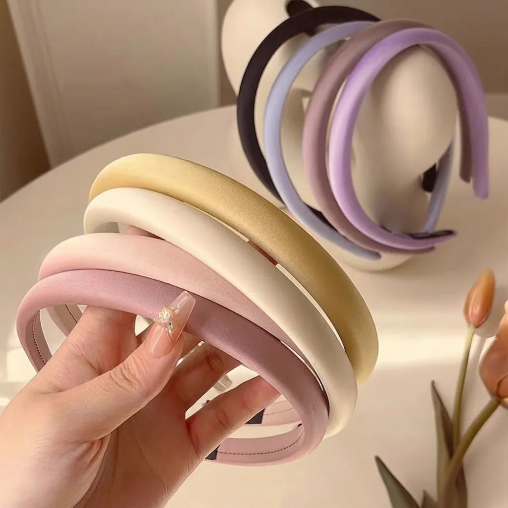 Women Satin Padded Headband Thick Sponge Solid Color Non-Slip Hair Hoop Elegant Handmade Headwear Accessory