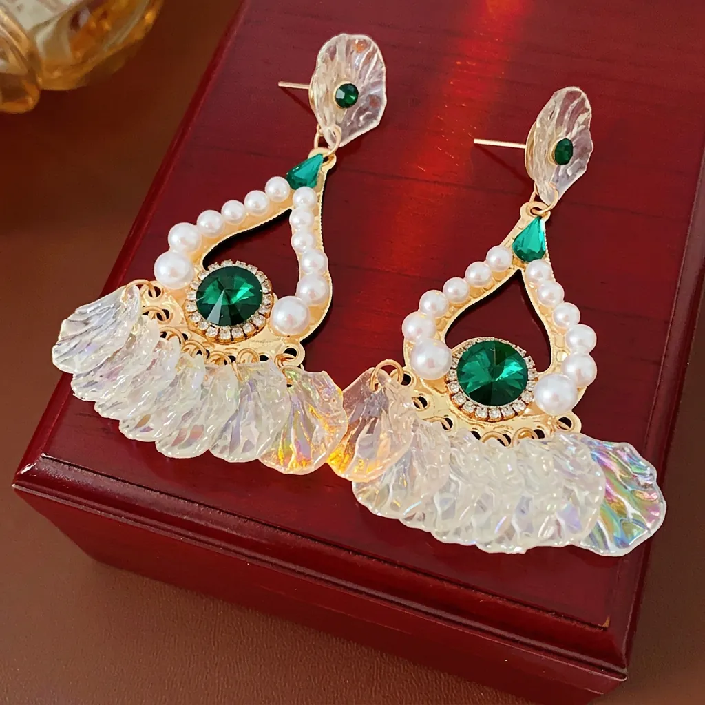 Orecchini Con Nappine A Goccia Stile Corte Vintage Lega Strass Verdi Perla Artificial Imitata Con Perno In Argento