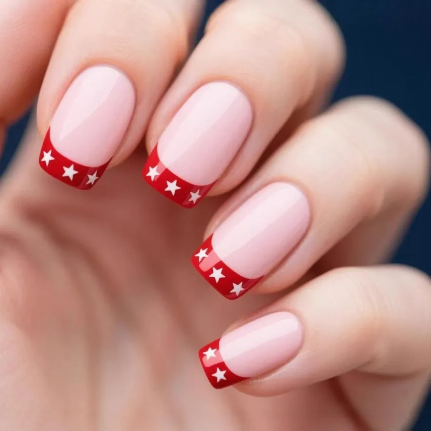 Press On Nails Short Square Artificial False Nails Red French Tip White Star Pattern Chic Manicure For Women