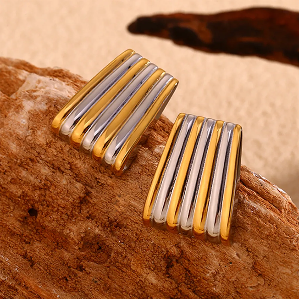 Boucles D'oreilles Puces Trapèze Bicolores Rayées Plqué Or 18K Acier Inoxydable Géométrique Nervuré Mode Minimaliste Femmes