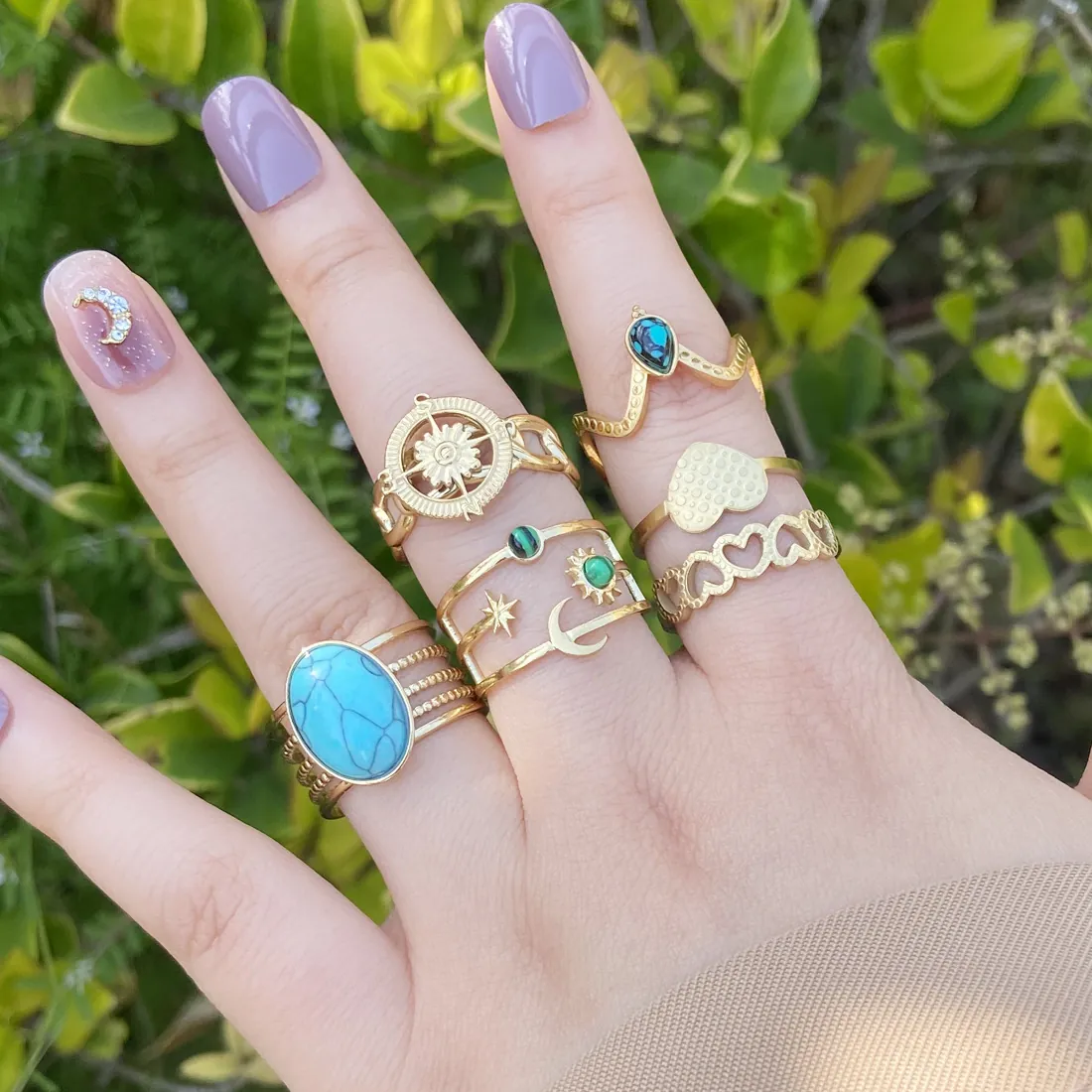 Stainless Steel Ring For Women Gold Plated Geometric Star Moon Faux Turquoise Adjustable Open Bohemian Retro Jewelry