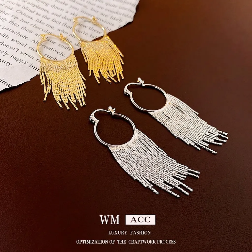 Boucles D'oreilles Créoles À Franges À Chaîne Longue Avec Tige En Argent Cuivre Plaqué Or Minimaliste Élégant Pour Femme