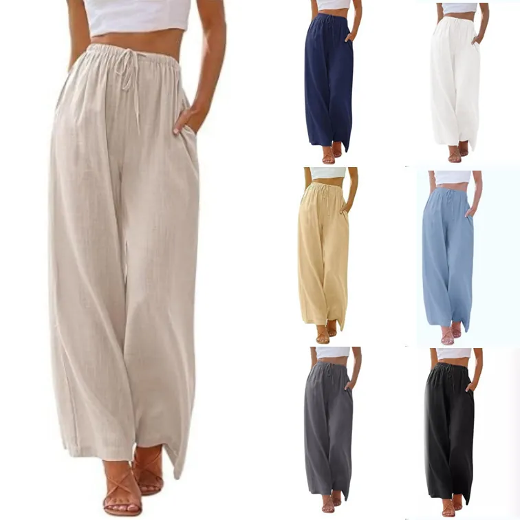 Women Wide Leg Pants High Waist Drawstring Elastic Waist Casual Summer Beach Vacation Linen Texture Trousers With Pockets