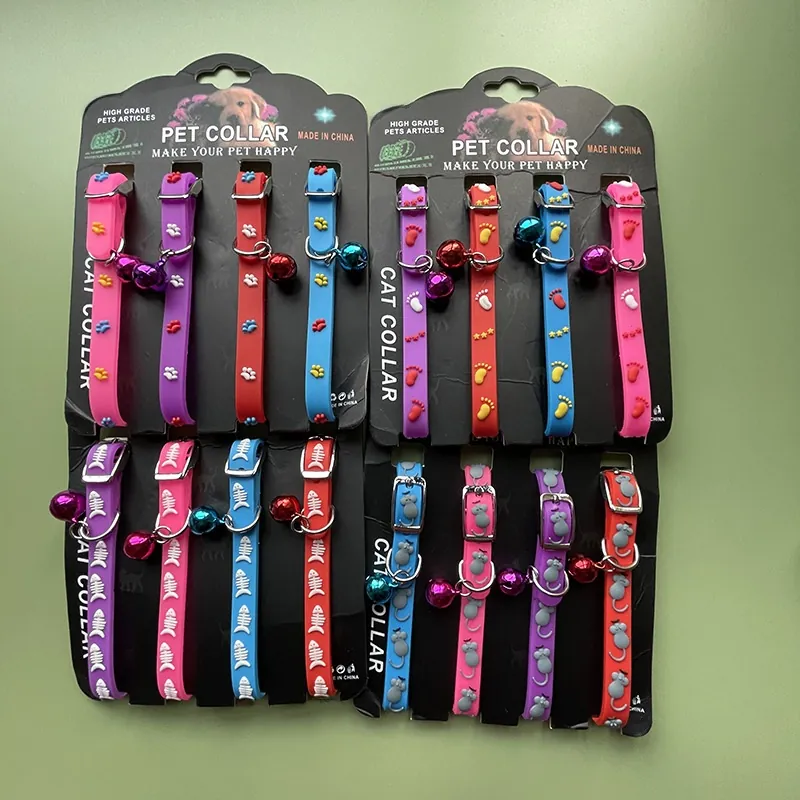 Adjustable Silicone Pet Collars With Bell Cartoon Fish Bone Mouse Pattern For Cats Small Dogs