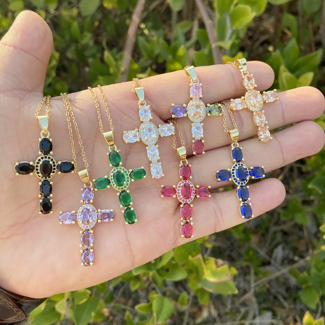 Collana Con Pendente A Croce In Rame Zircone Pietre Colorate Gioielli Hip Hop Placcato Oro Per Donna Uomo