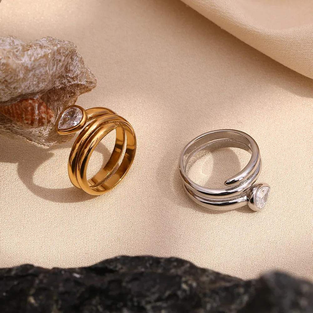 Stainless Steel Wrap Ring 18K Gold Plated Pear Cut White Zircon Geometric Spiral Jewelry For Women Elegant Trendy