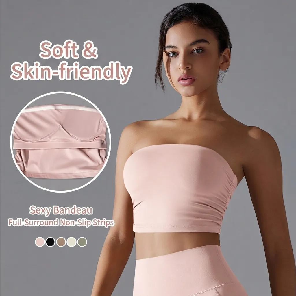 Soutien-Gorge Bandeau de Sport Froncé pour Femmes Haute Élasticité Sans Bretelles Sans Couture Yoga Crop Top pour Fitness Gym