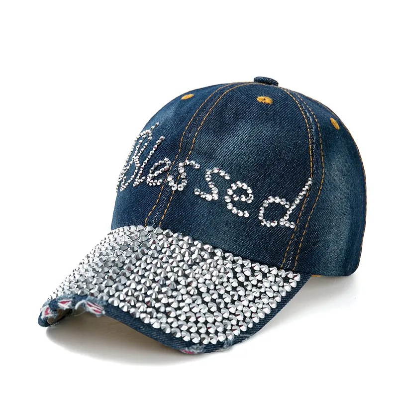 Cappello Da Baseball In Denim Con Lettera Blessed Tesa Con Strass Cappello Regolabile Streetwear