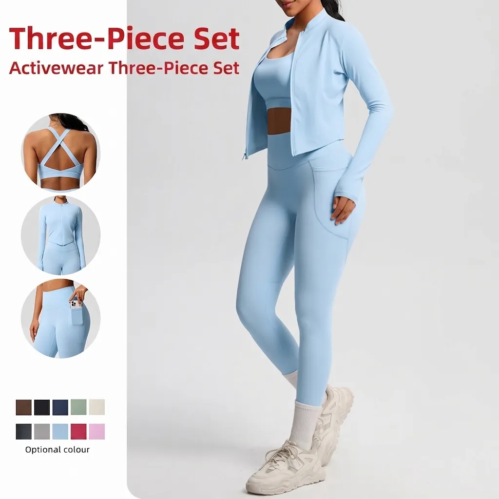 Women Professional High Stretch Yoga Top And Bottom Sportswear Zipper Jacket Sports Bra And Leggings With Pockets Gym Fitness Outfit