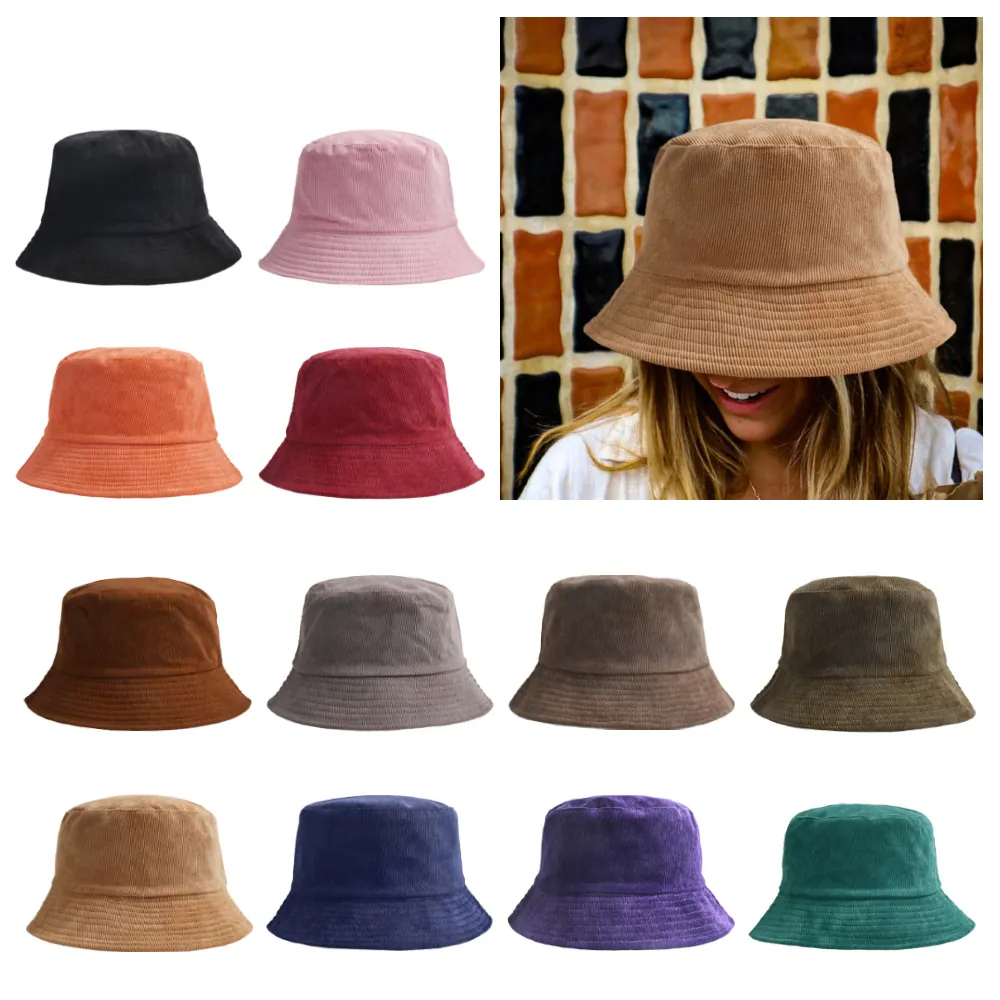Corduroy Bucket Hat Women Retro Solid Color Wide Brim Sun Protection Fisherman Cap Autumn Winter Soft