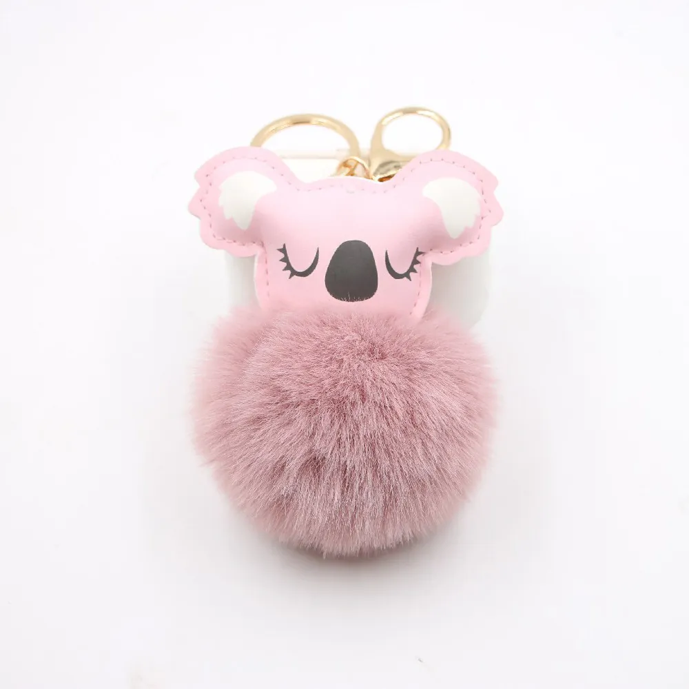 Cute Koala Plush Ball Keychain Faux Fur Pompom Bag Charm PU Leather Animal Pendant Gold Alloy Metal Ring
