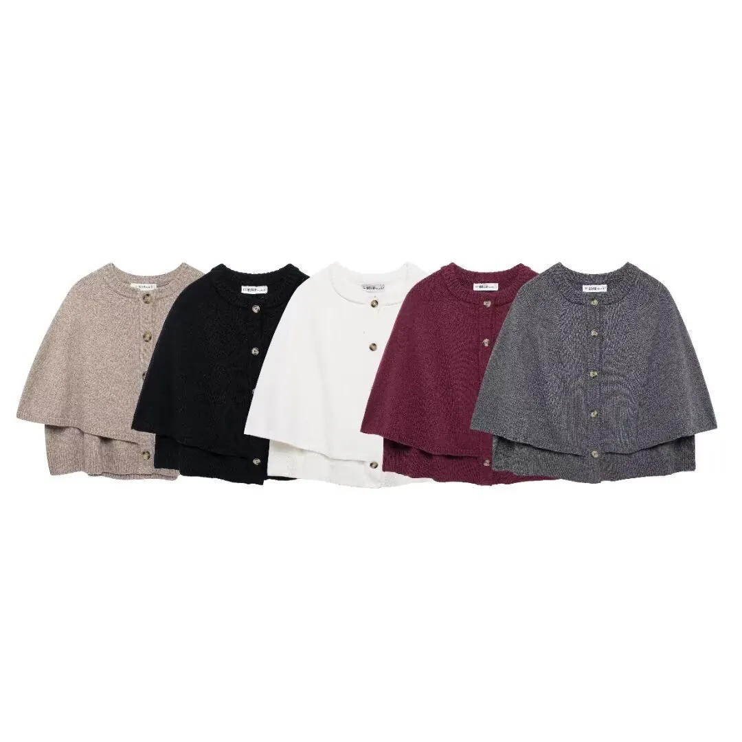 Châle Cape en Maille Acrylique Polyester pour Femmes Col Rond Bouton Avant Coupe Ample Couleur Unie Pull Superposé pour Bureau