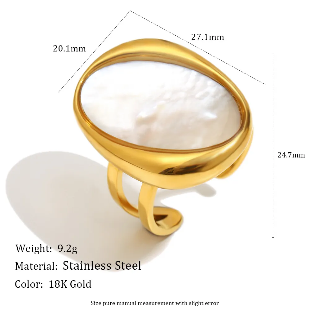 Geometric Oval White Mother-Of-Artificial Pearl Stud Earrings And Open Ring Stainless Steel 18K Gold Plated Jewelry For Women