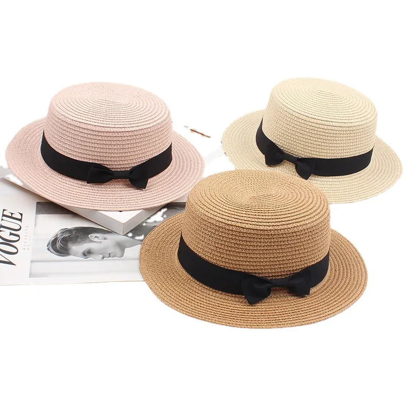 Chapeau Canotier En Paille Bord Plat Protection Solaire Été Plage Rétro Style Britannique Nœud Noir Pour Femmes Filles