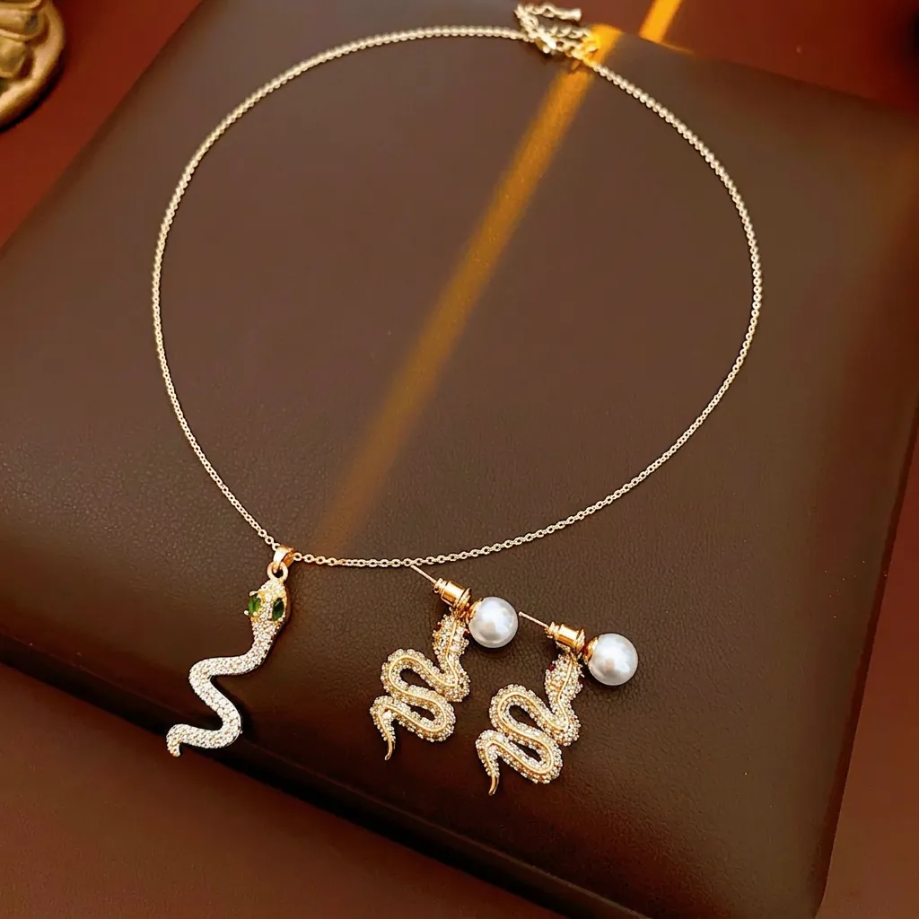 Gioielli Serpente Collana E Orecchini In Rame Placcato Oro Con Zircone Perla Artificial E Perno In Argento Per Donne