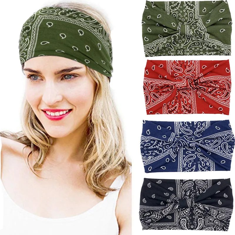 Women Paisley Leopard Floral Print Headband Elastic Cotton Blend Fabric Wide Hair Band Turban Yoga Sports Bohemian Style