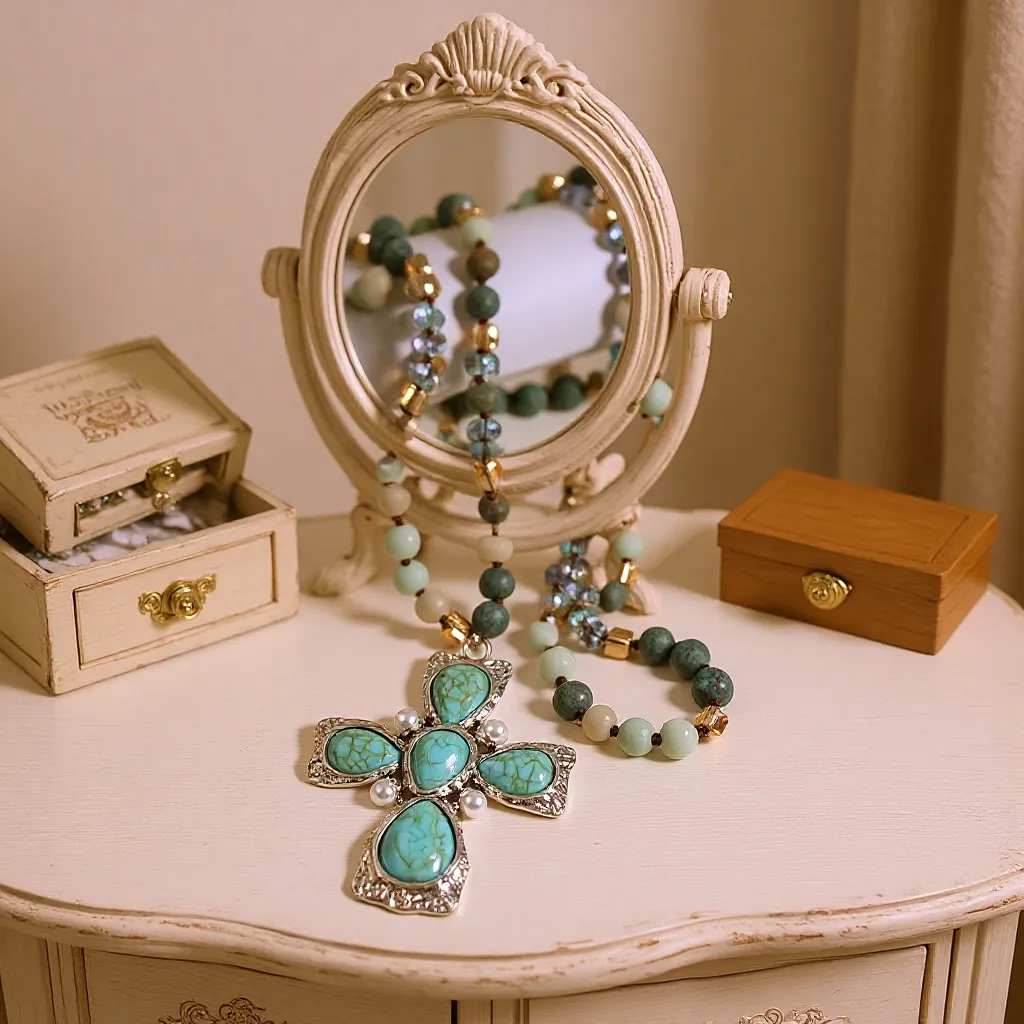 Collana con Pendente a Croce in Pietra Naturale Vintage Bohemian per Donna Catena Maglione in Lega con Perline e Perle Artificiali
