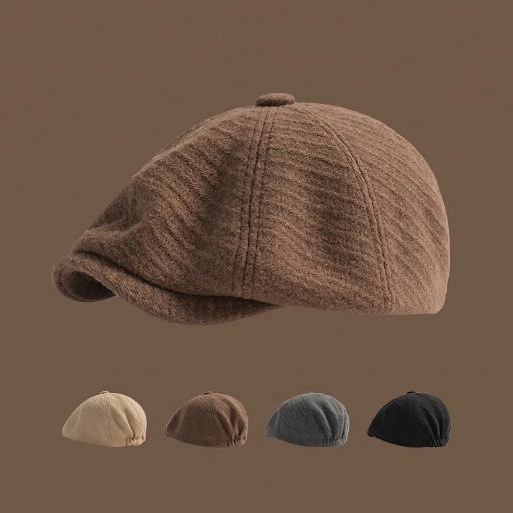 Retro Newsboy Cap Woolen Tweed Herringbone Octagonal Beret Hat British Style Winter Warm Adjustable Outdoor Unisex