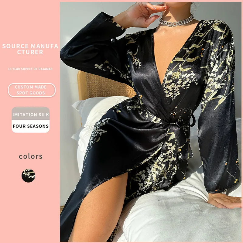 Women Robe Imitation Satin Satin Floral Print V-Neck Long Sleeve Belted Sleepwear Loungewear Nightgown