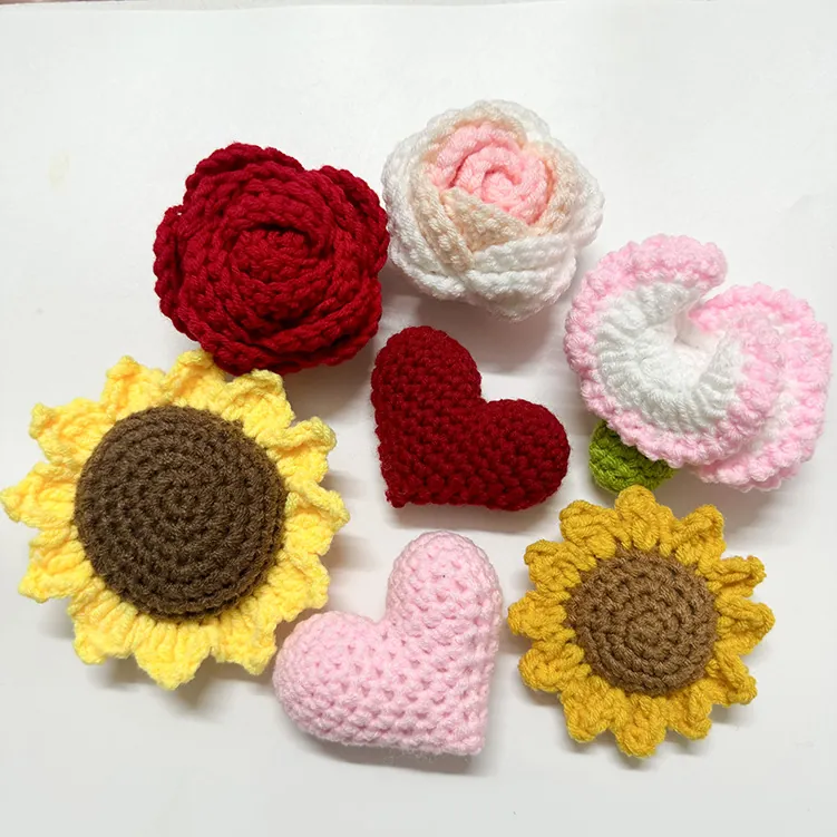 Handmade Crochet Knitted Artificial Flowers Sunflower Rose Carnation Heart Shape Soft Yarn DIY Crafts Party Decor