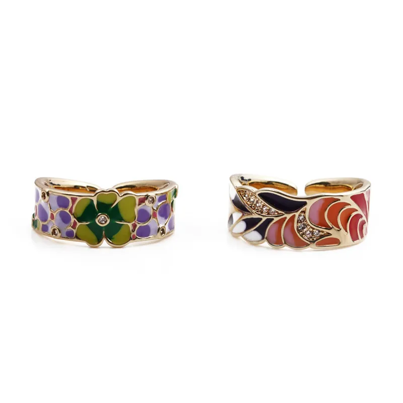 Anello Aperto Fiore Rame Placcato Oro Smalto Colorato Zirconia Regolabile Gioielli Moda Retrò Per Donne