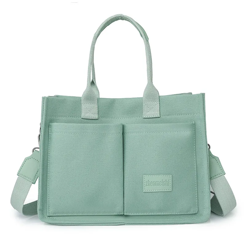 Japanese Style Minimalist Canvas Tote Bag Women Large Capacity Shoulder Crossbody Handbag Front Pockets Commuting School