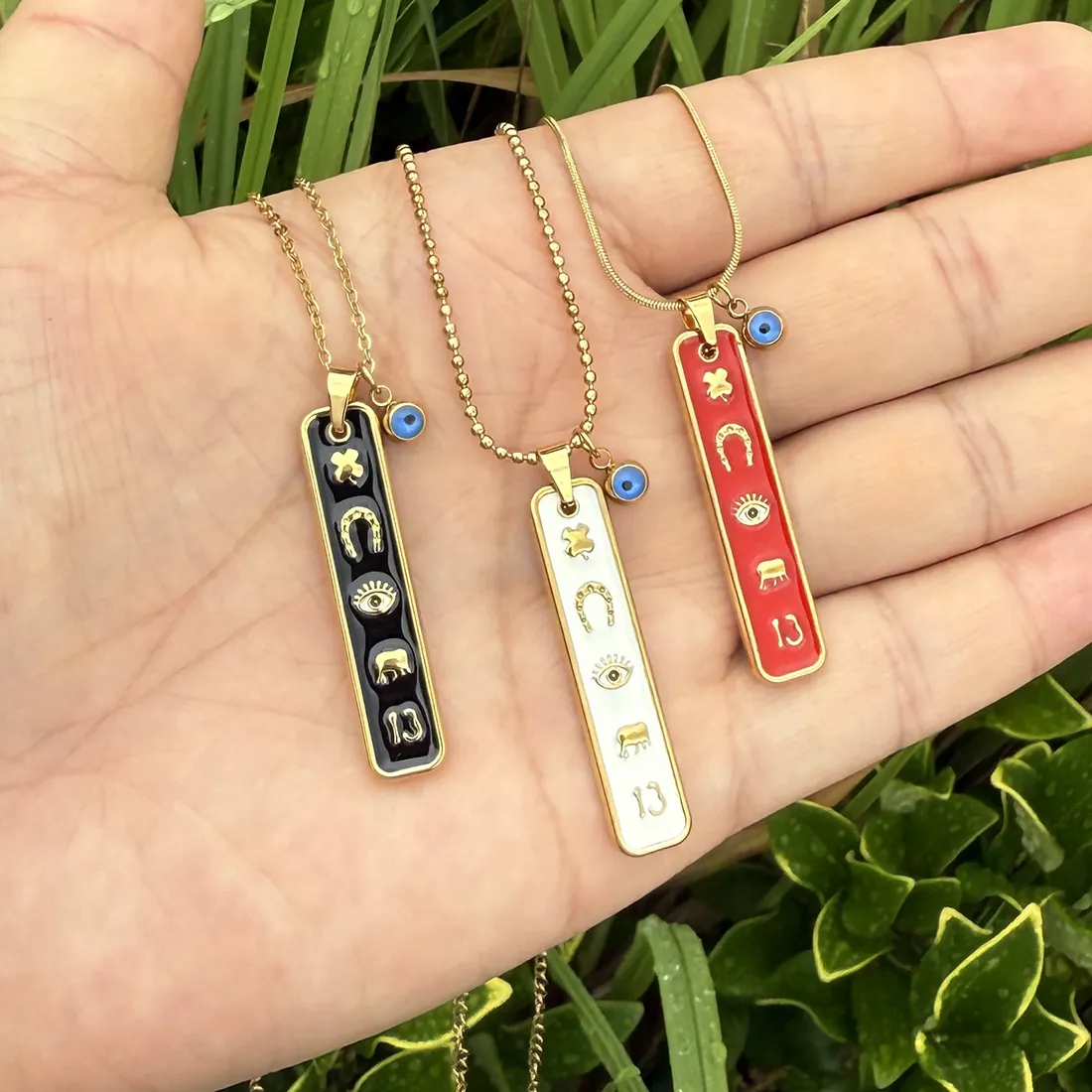 Collier Pendentif Symboles De Chance Mauvais Œil Acier Inoxydable Émail Barre Longue Éléphant Fer À Cheval Trèfle Bijoux