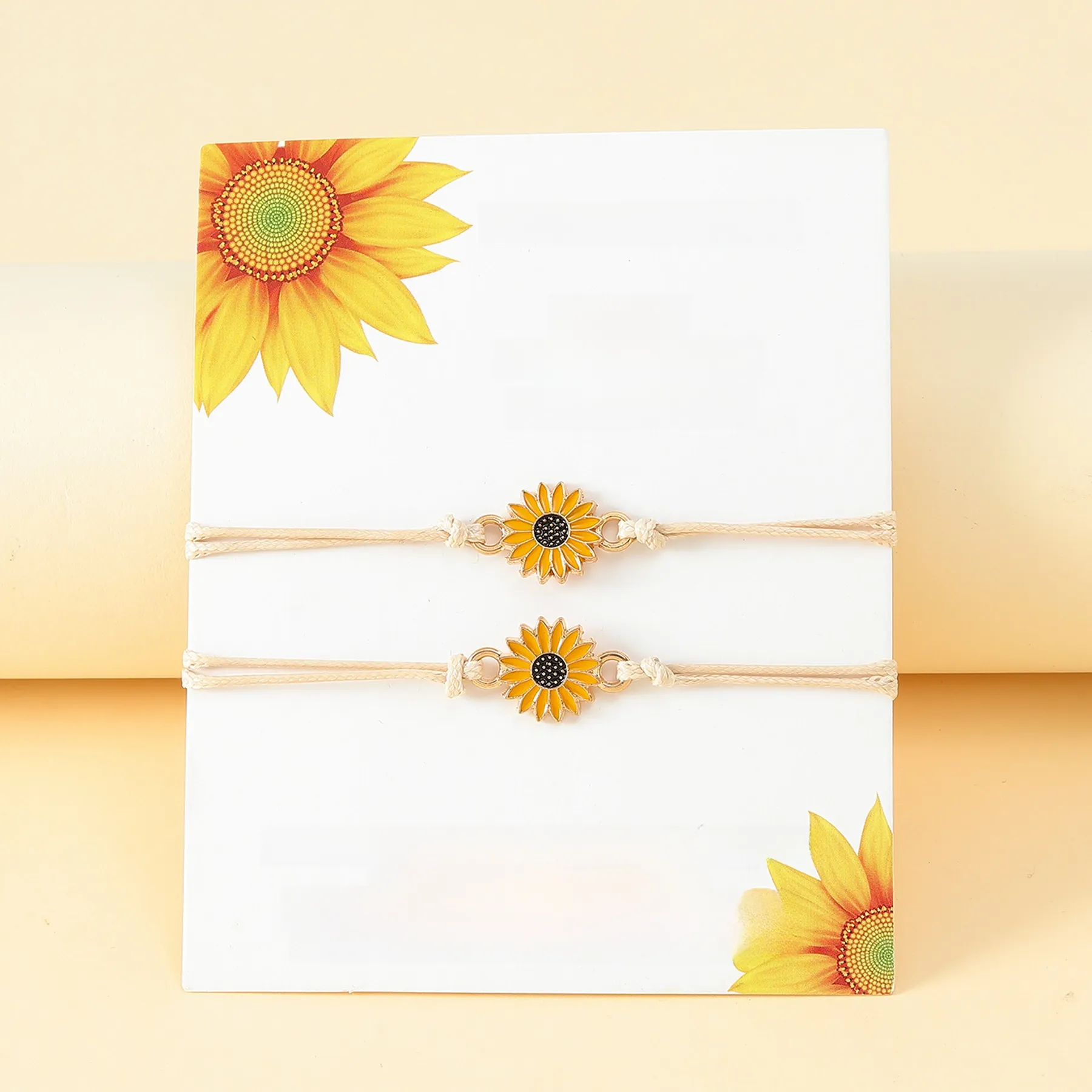 Sunflower Flower Charm Handmade Braided Bracelet Enamel Alloy Jewelry For Friendship Gift Boho Adjustable